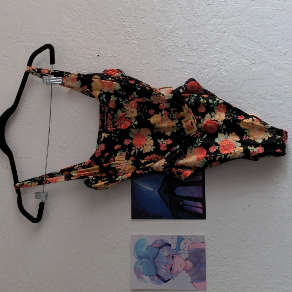 weworewhat black floral swimsuit with gold belt buckle